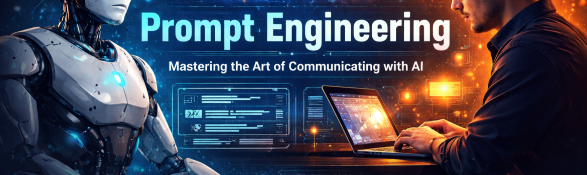 Human interacting with AI robot demonstrating prompt engineering and communication with artificial intelligence