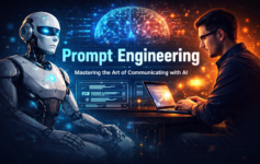 Human interacting with AI robot demonstrating prompt engineering and communication with artificial intelligence