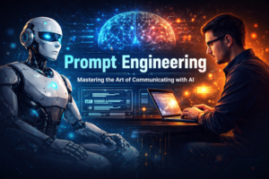 Human interacting with AI robot demonstrating prompt engineering and communication with artificial intelligence