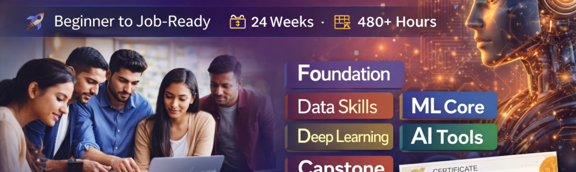 Junior AI Architect - Students learning artificial intelligence with laptop alongside AI robot illustration representing Junior AI Architect 24 week certification program