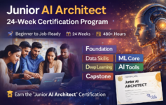 Junior AI Architect - Students learning artificial intelligence with laptop alongside AI robot illustration representing Junior AI Architect 24 week certification program