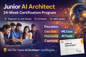 Junior AI Architect - Students learning artificial intelligence with laptop alongside AI robot illustration representing Junior AI Architect 24 week certification program