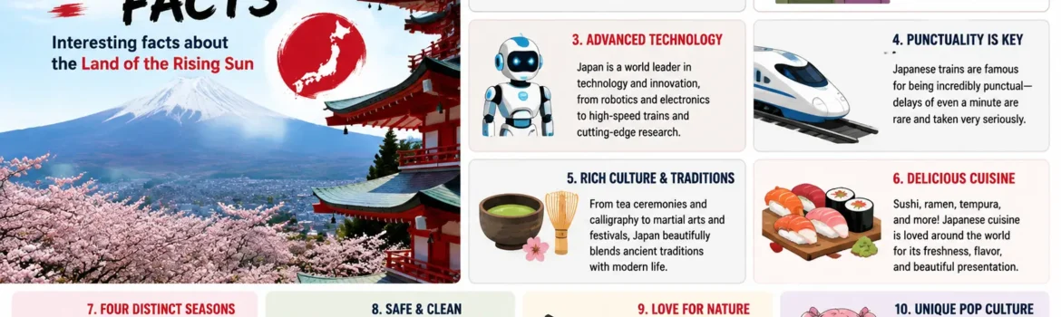 "Japan Facts" showcasing 10 interesting facts about Japan, illustrated with icons of Mount Fuji, cherry blossoms, a bullet train, sushi, a robot, and an anime character, set against a scenic Japanese landscape.