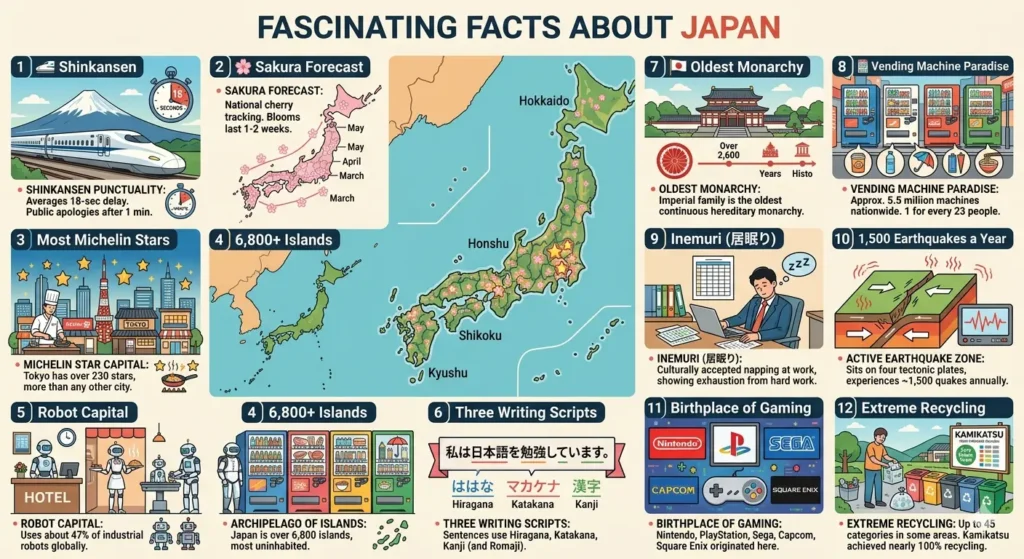 Japan Facts infographic showing Mount Fuji, cherry blossoms, bullet train, sushi, robot, and anime character representing 20 incredible facts about Japan